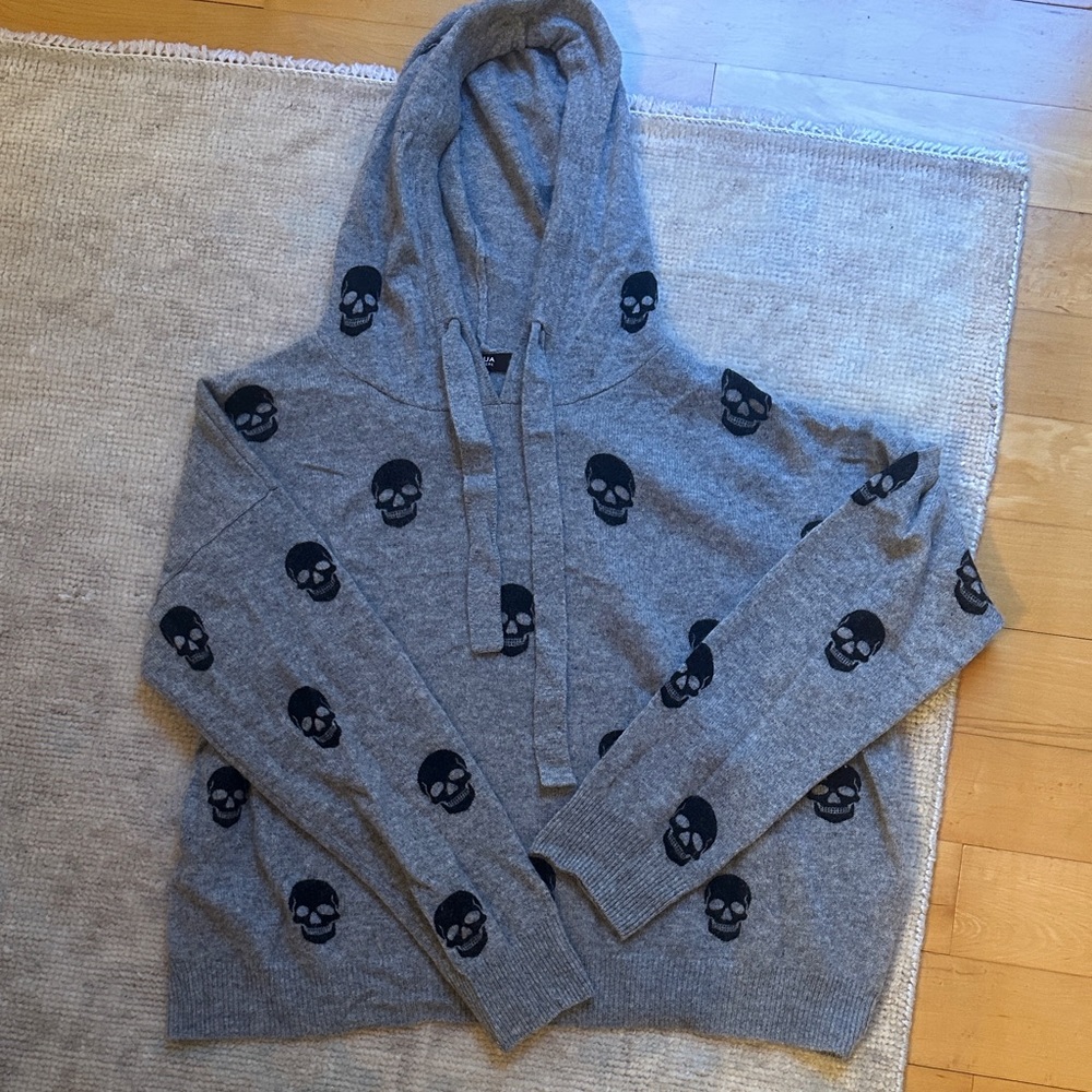 Aqua Gray Skull Motif Hoodie Sweater